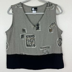 Vintage First Option Mixed Print Beaded Sleeveless V-Neck Top Black Tan Small